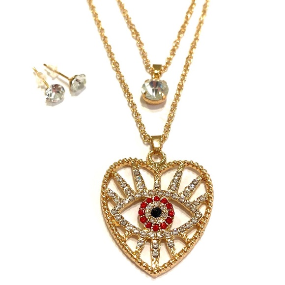 Evil Eye Layered Necklace Earrings Set Gold Tone Red Rhinestones - Picture 3 of 3
